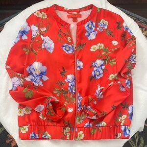 Amisu Red Bomber Jacket with Blue Floral Pattern